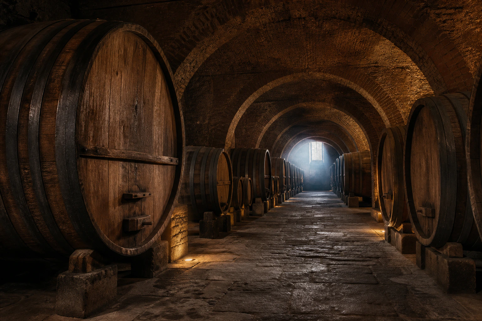 Volte in mattoni e grandi botti in rovere in una cantina storica illuminata da luce calda