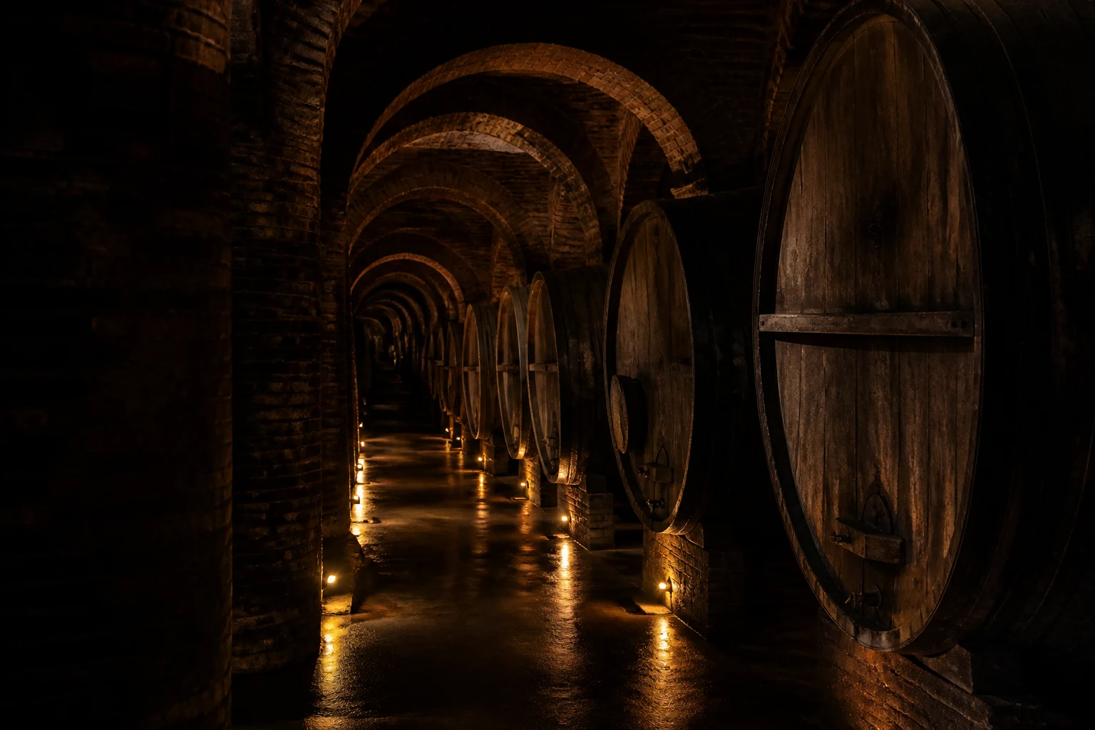 Volte in mattoni e grandi botti in una cantina illuminata da luce calda