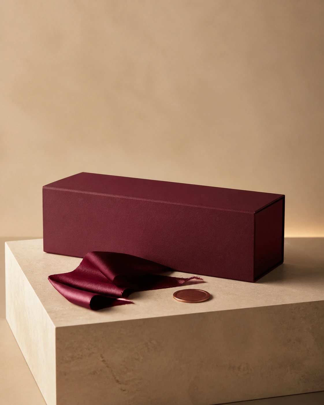Astuccio bordeaux Rosso Imperiale con nastro in seta e sigillo color rame
